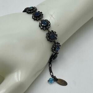 Vintage Liz Palacios SF Antiqued Signed Blue Crystal  Flower‎ Bloom Bracelet